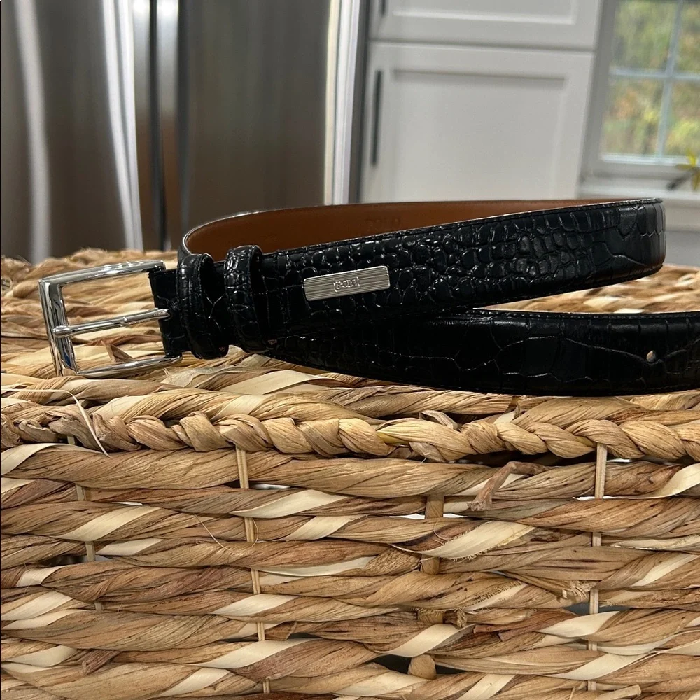Polo Ralph Lauren Mens Belt Faux Crocodile Alligator Italian Leather Black Sz36 - Picture 1 of 12